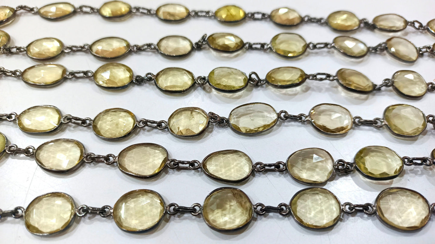 Natural Lemon Quartz Free Shape Briolette 10 to 15mm Bezel Connector Chain Sold Per Foot Black Plated Great Quality Chain.
