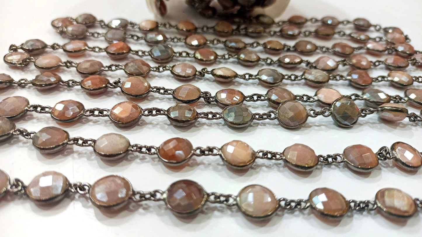 Natural Multi Moonstone Mystic Coated Coin Shape Briolette 12mm Bezel Connector Chain Sold Per Foot Great Quality Black Plated Chain