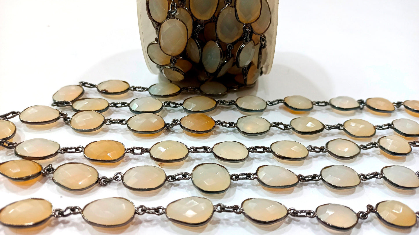 Natural Ceylon White Moonstone Free Shape 12 to 15mm Bezel Connector Black Plated Great Quality Chain Sold Per Foot.
