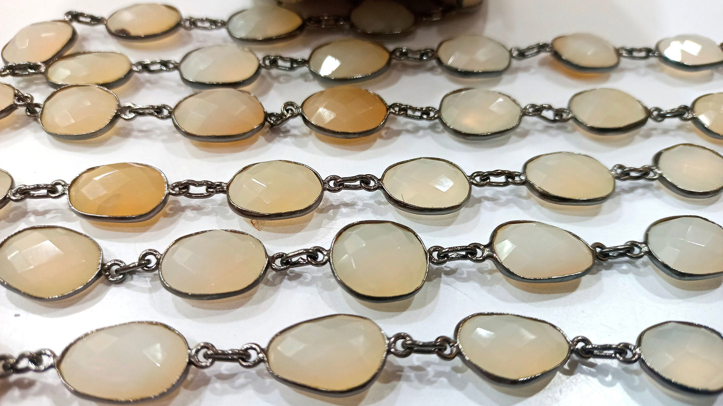 Natural Ceylon White Moonstone Free Shape 12 to 15mm Bezel Connector Black Plated Great Quality Chain Sold Per Foot.