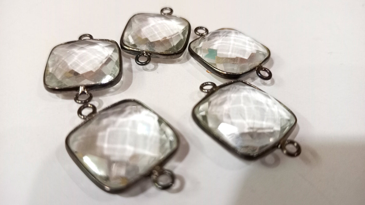 Natural Rock Crystal Square Cushion Shape Briolette 15mm Double Loop Bezel Connector Charm Sold per Piece Great Quality Connector Charms