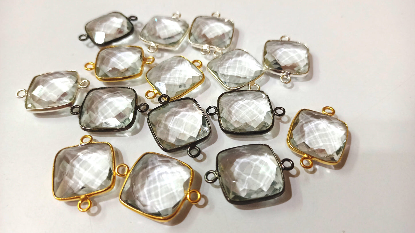 Natural Rock Crystal Square Cushion Shape Briolette 15mm Double Loop Bezel Connector Charm Sold per Piece Great Quality Connector Charms