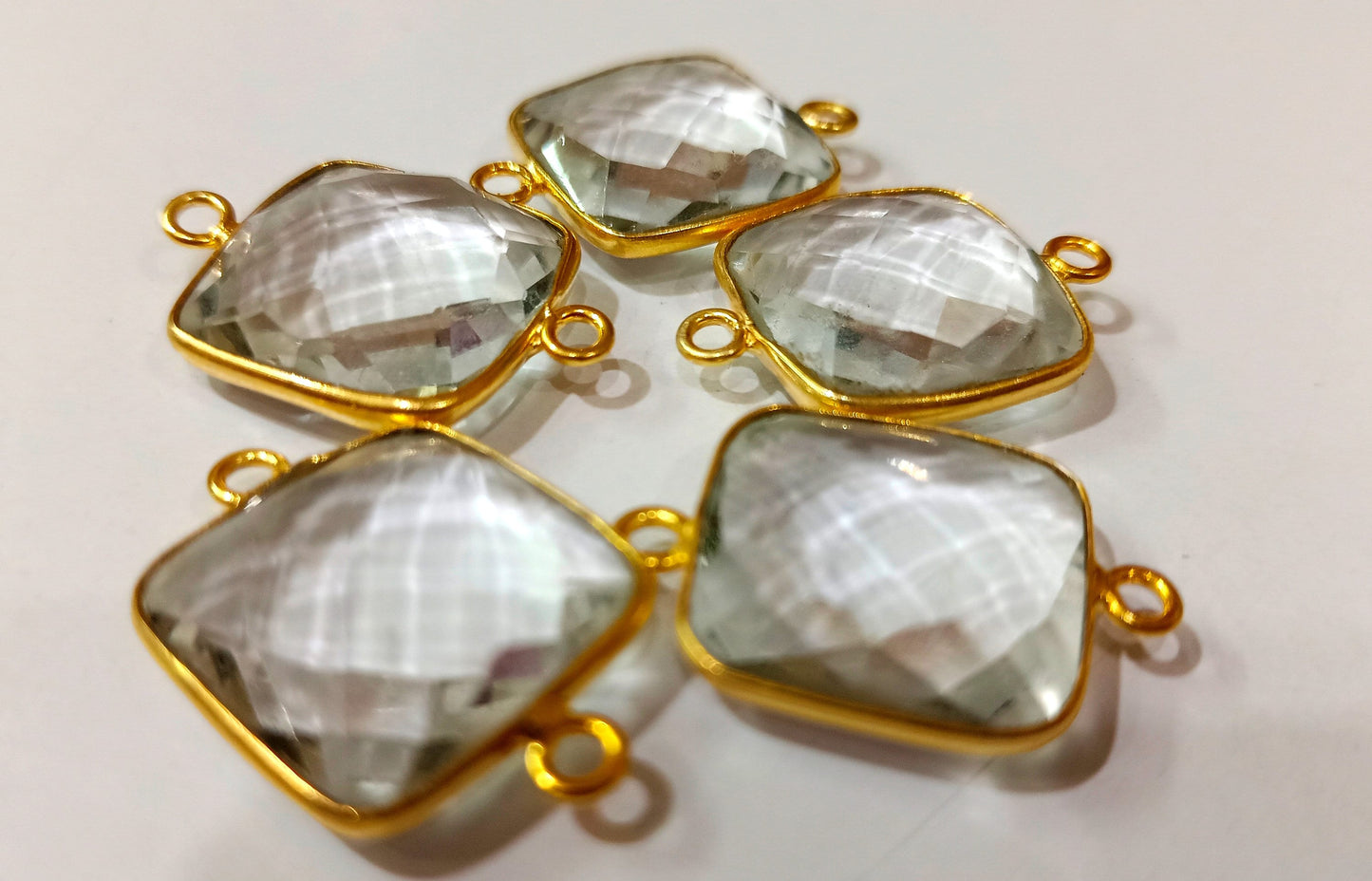 Natural Rock Crystal Square Cushion Shape Briolette 15mm Double Loop Bezel Connector Charm Sold per Piece Great Quality Connector Charms