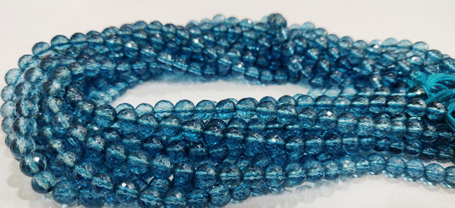 Natural Topaz London Blue Color Round Ball Shape Faceted 6mm Beads Sold Per Strand 13 Inches Long Best Quality Beads