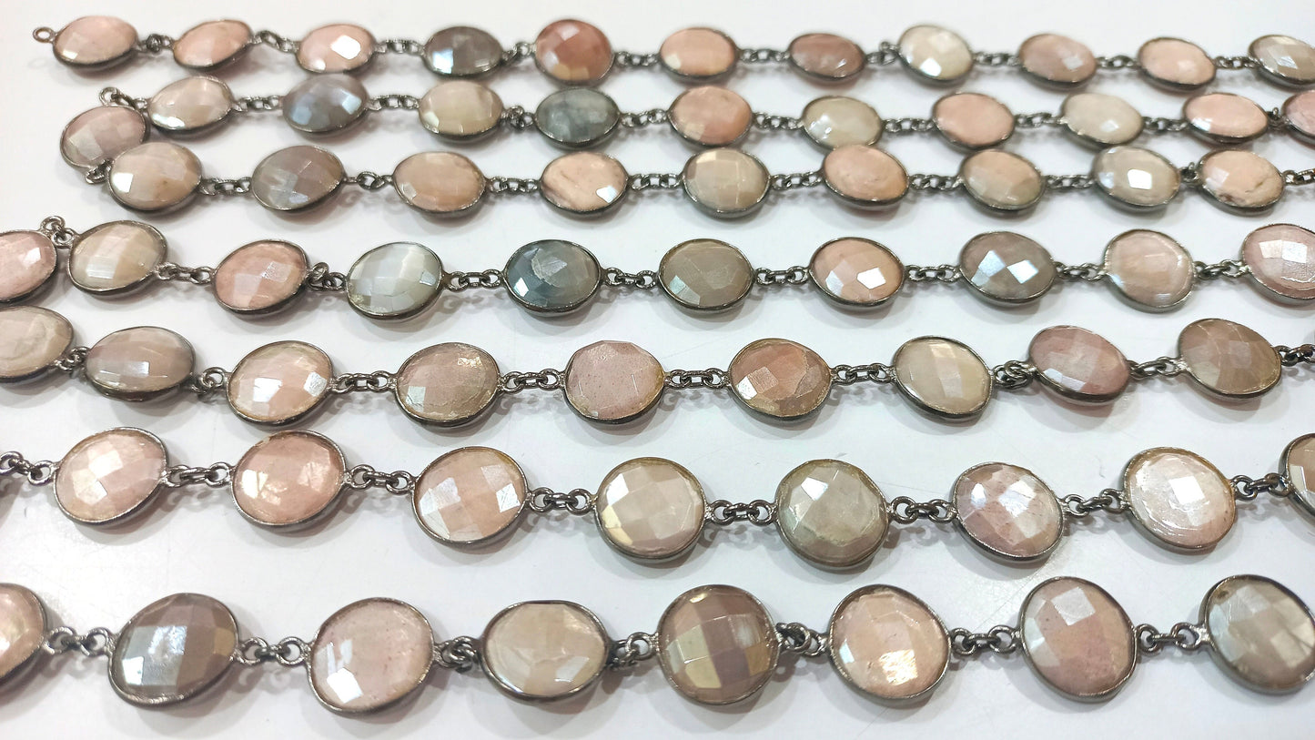 Natural Multi Moonstone Coin Shape Briolette Mystic Coated 12mm Bezel Connector Chain Sold Per Foot