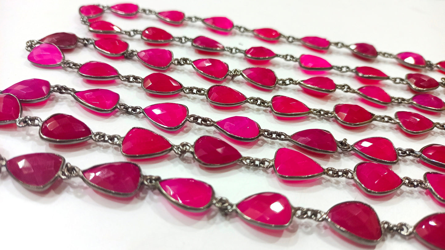 Natural Hot Pink Chalcedony Trillion Cut Triangle Shape Briolette Faceted Bezel Connector Chain 10x13mm Gold Plated Sold Per Foot