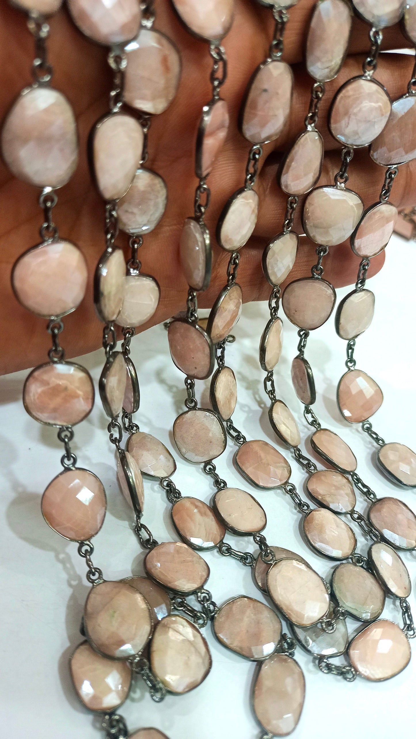 Natural Peach Moonstone Free Shape Briolette Mystic Coated 12 to 15mm Bezel Connector Chain Sold Per Foot