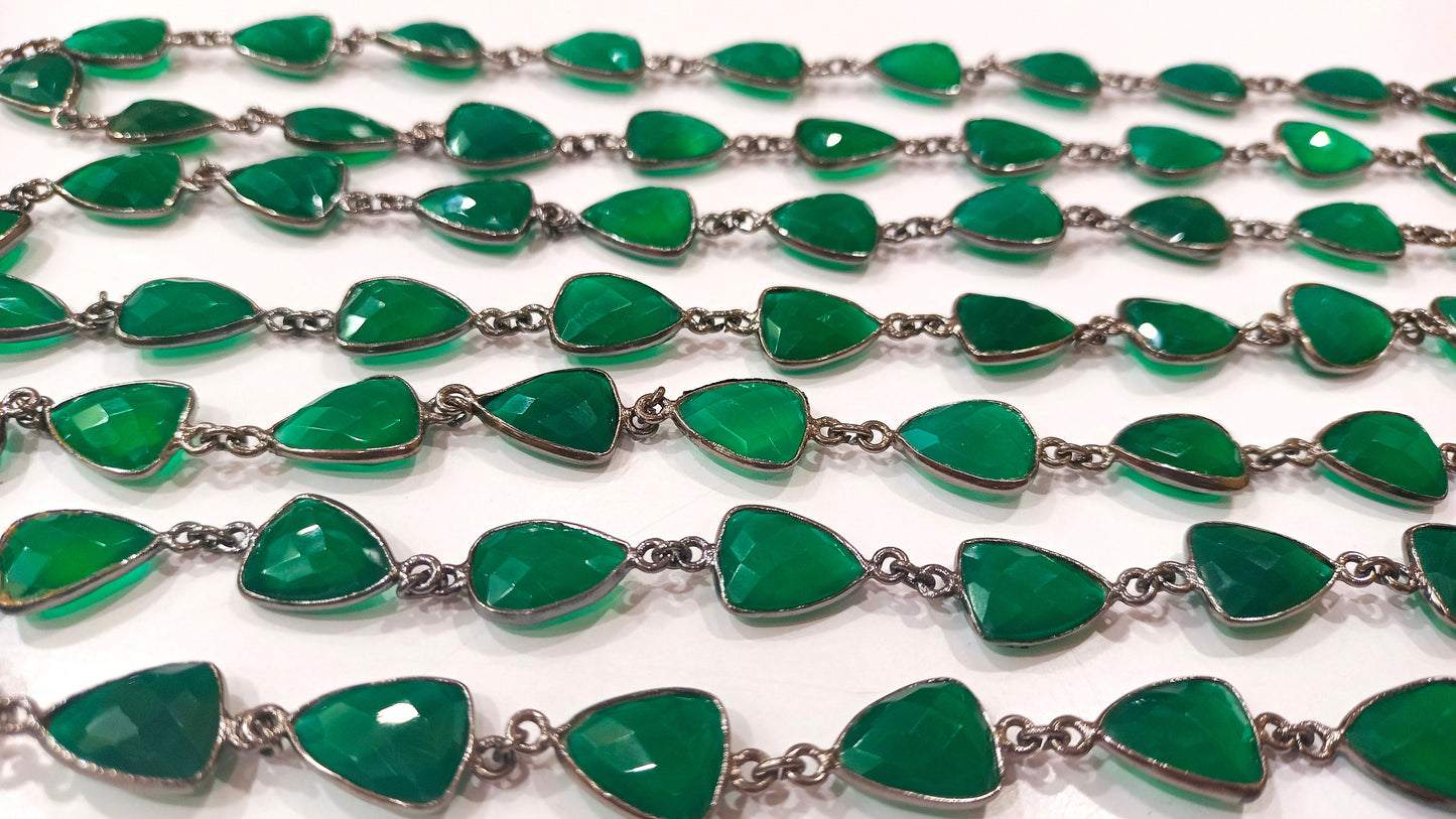 Natural Green Onyx Trillion Shape Briolette Faceted Bezel Connector Chain 10x13mm Gold Plated Sold Per Foot High QualityWholesale Price