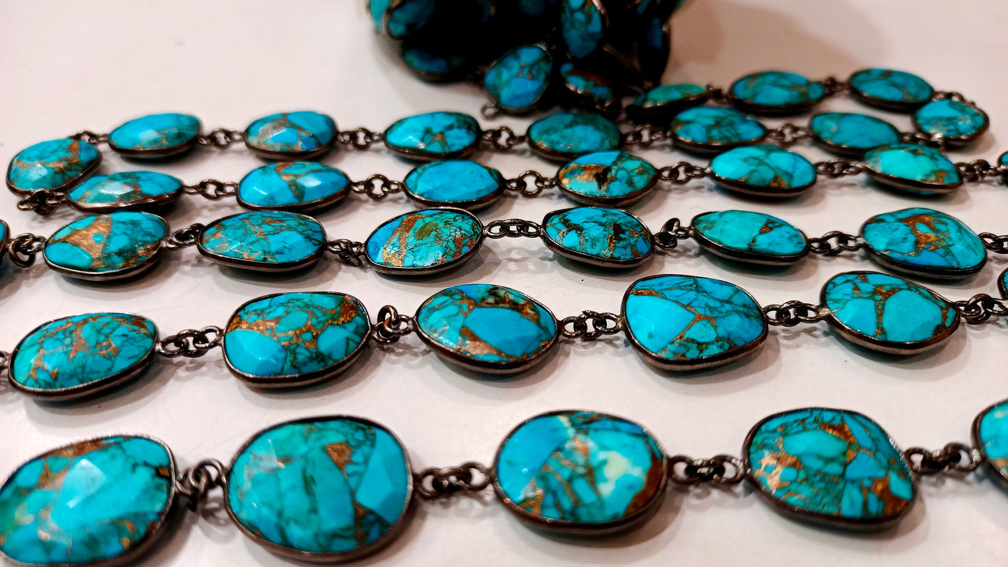 Natural Blue Copper Turquoise Gemstone Briolette Free Shape 12 to 15mm Bezel Connector Chain Sold per Foot Great Quality Chain