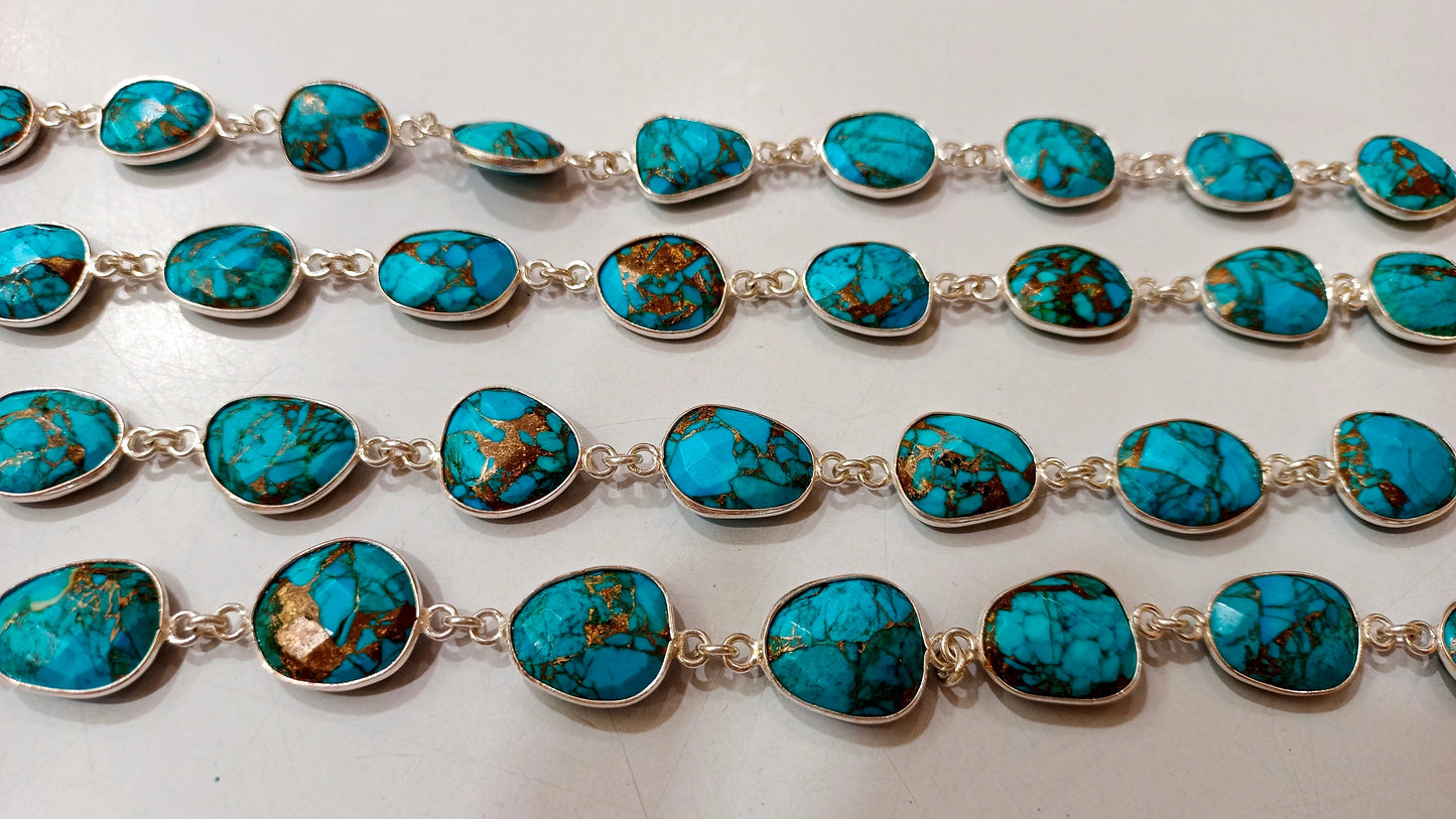 Natural Blue Copper Turquoise Gemstone Briolette Free Shape 12 to 15mm Bezel Connector Chain Sold per Foot Great Quality Chain