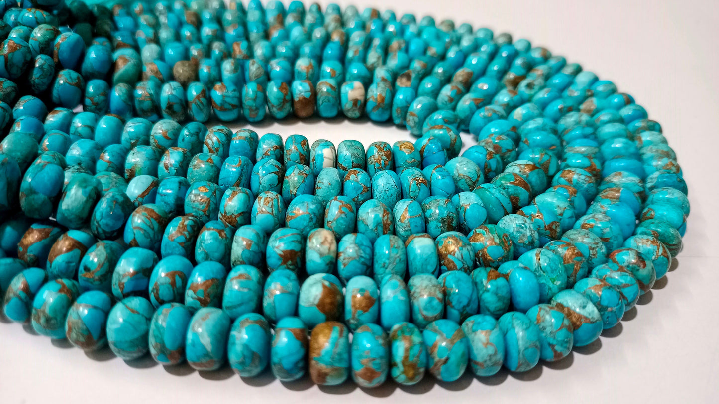 Natural Blue Copper Turquoise Rondelle Plain Smooth Size 8mm Gemstone Beads Sold Per Strand 8 Inches Long Best Quality Beads