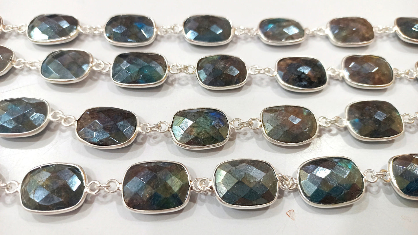 Natural Labradorite Mystic Coated Cushion Shape Briolette 14x18mm Bezel Connector Chain Sold Per Foot Great Quality Chain