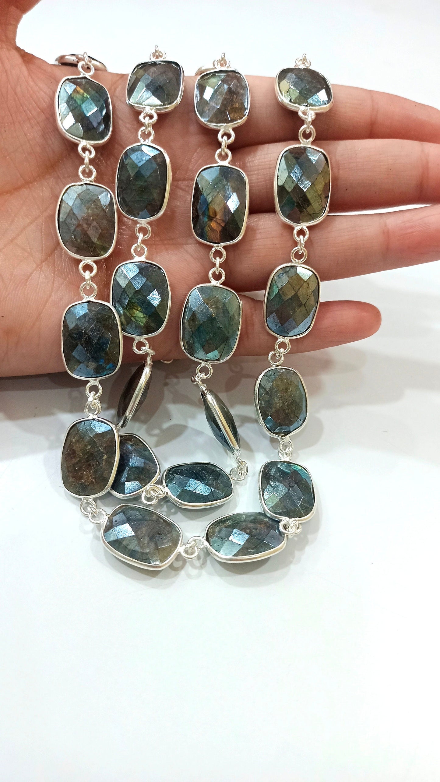 Natural Labradorite Mystic Coated Cushion Shape Briolette 14x18mm Bezel Connector Chain Sold Per Foot Great Quality Chain