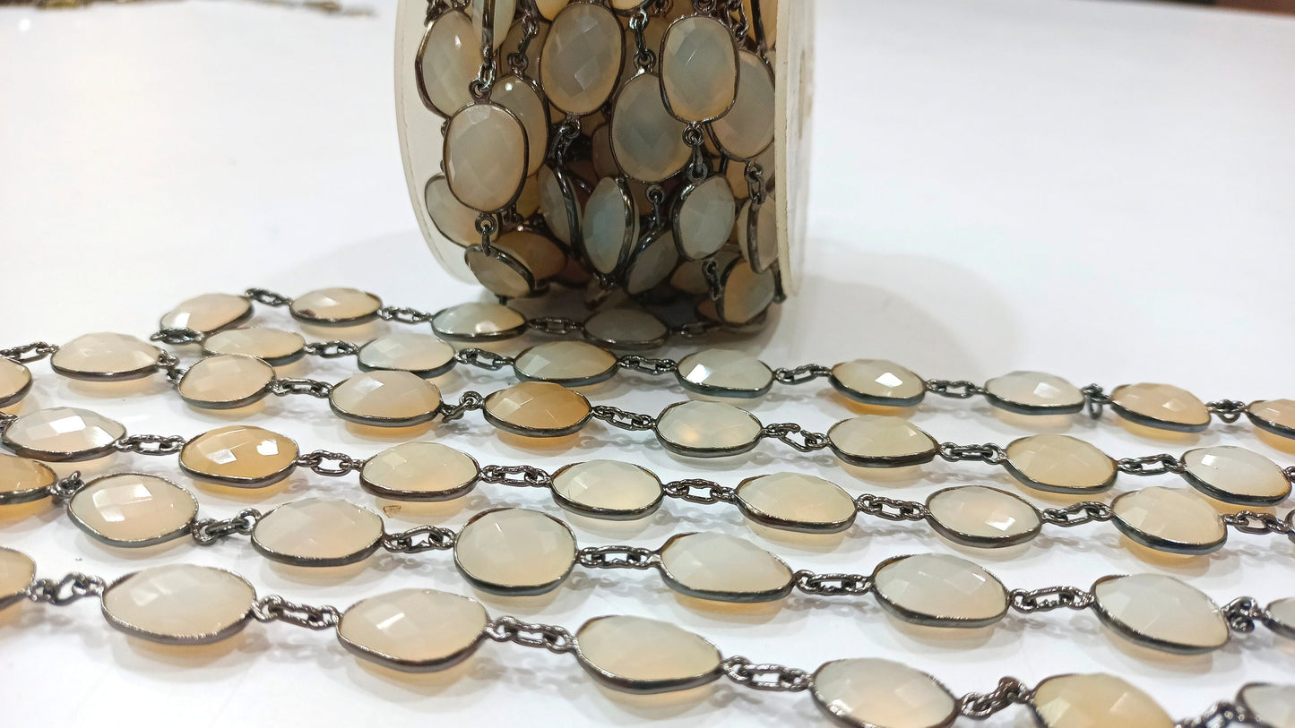Natural Ceylon White Moonstone Free Shape 12 to 15mm Bezel Connector Black Plated Great Quality Chain Sold Per Foot.