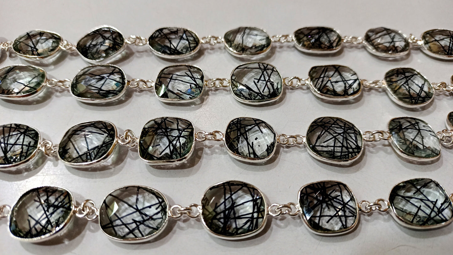 Black Rutilated Quartz Briolette Free Shape 12 to 15mm Bezel Connector Chain Sold Per Foot Best Quality Chain