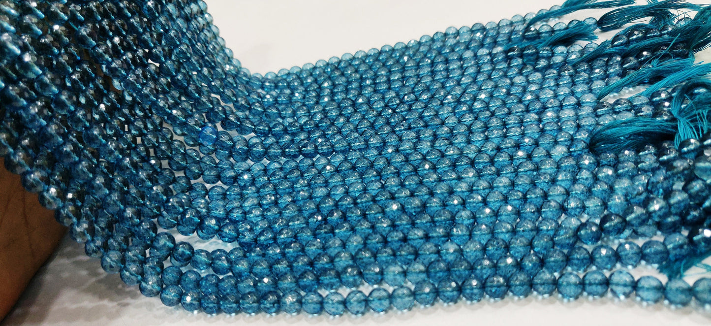 Natural Topaz London Blue Color Round Ball Shape Faceted 6mm Beads Sold Per Strand 13 Inches Long Best Quality Beads