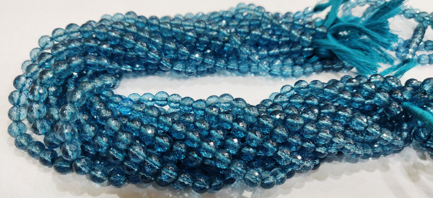 Natural Topaz London Blue Color Round Ball Shape Faceted 6mm Beads Sold Per Strand 13 Inches Long Best Quality Beads