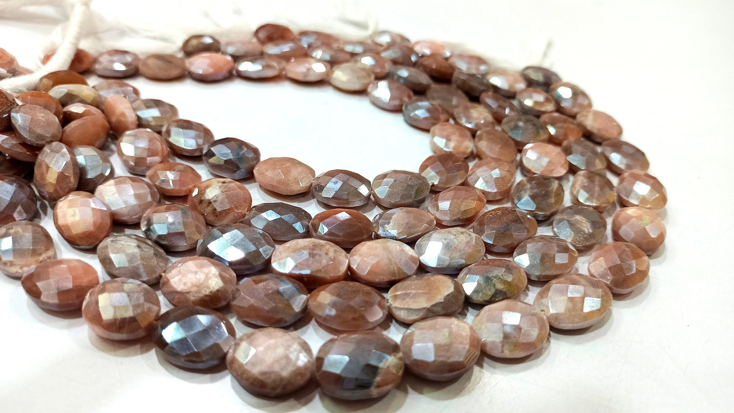 Natural Chocolate Moonstone Silver AB Mystic Coated Oval Shape Briolette Faceted Beads 7x10 to 8x12mm Strand 10 inch long High Quality Beads