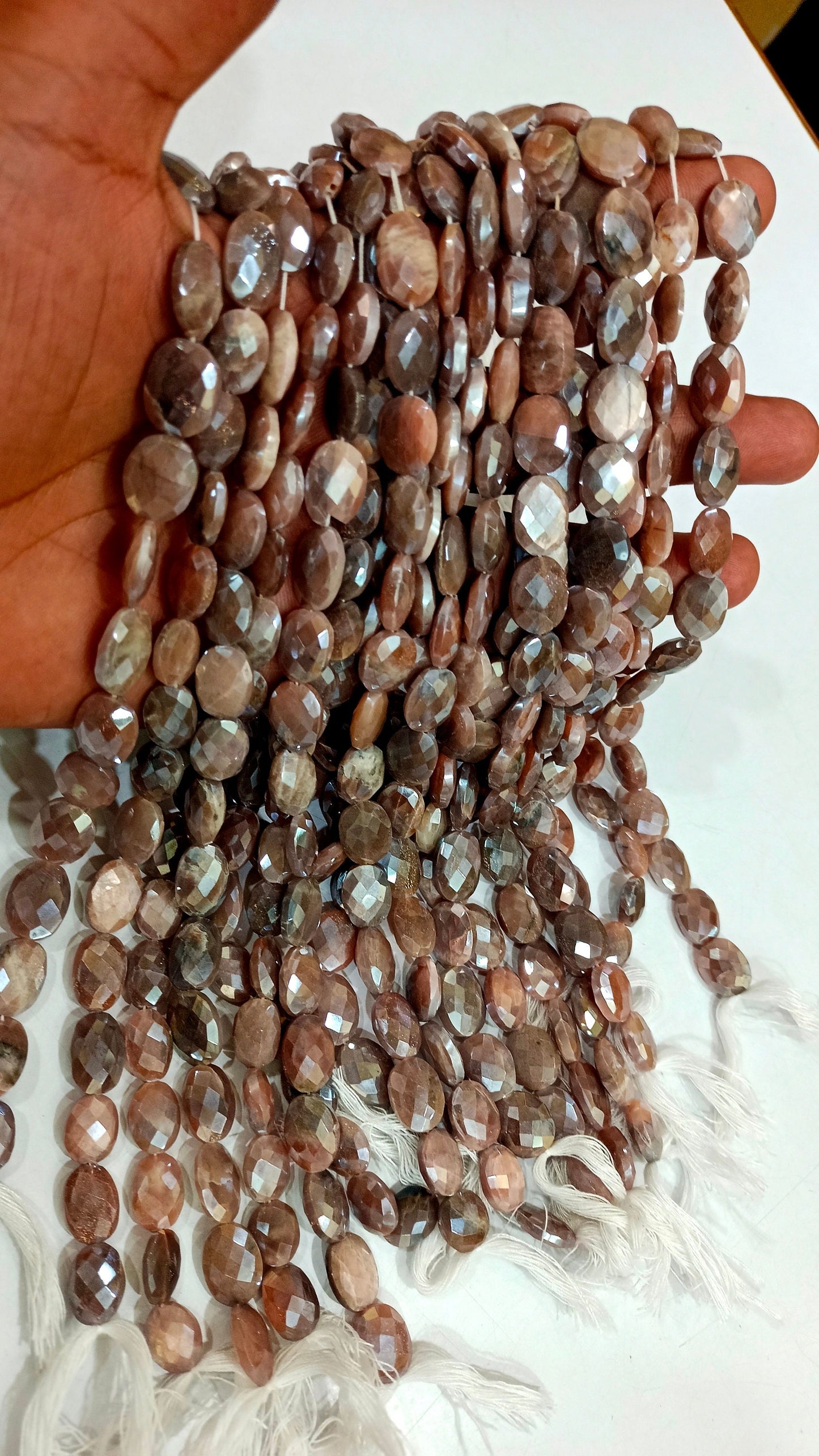 Natural Chocolate Moonstone Silver AB Mystic Coated Oval Shape Briolette Faceted Beads 7x10 to 8x12mm Strand 10 inch long High Quality Beads