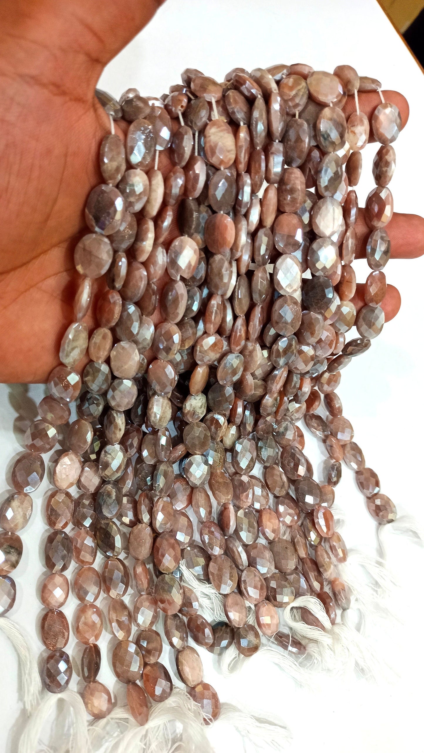 Natural Chocolate Moonstone Silver AB Mystic Coated Oval Shape Briolette Faceted Beads 7x10 to 8x12mm Strand 10 inch long High Quality Beads