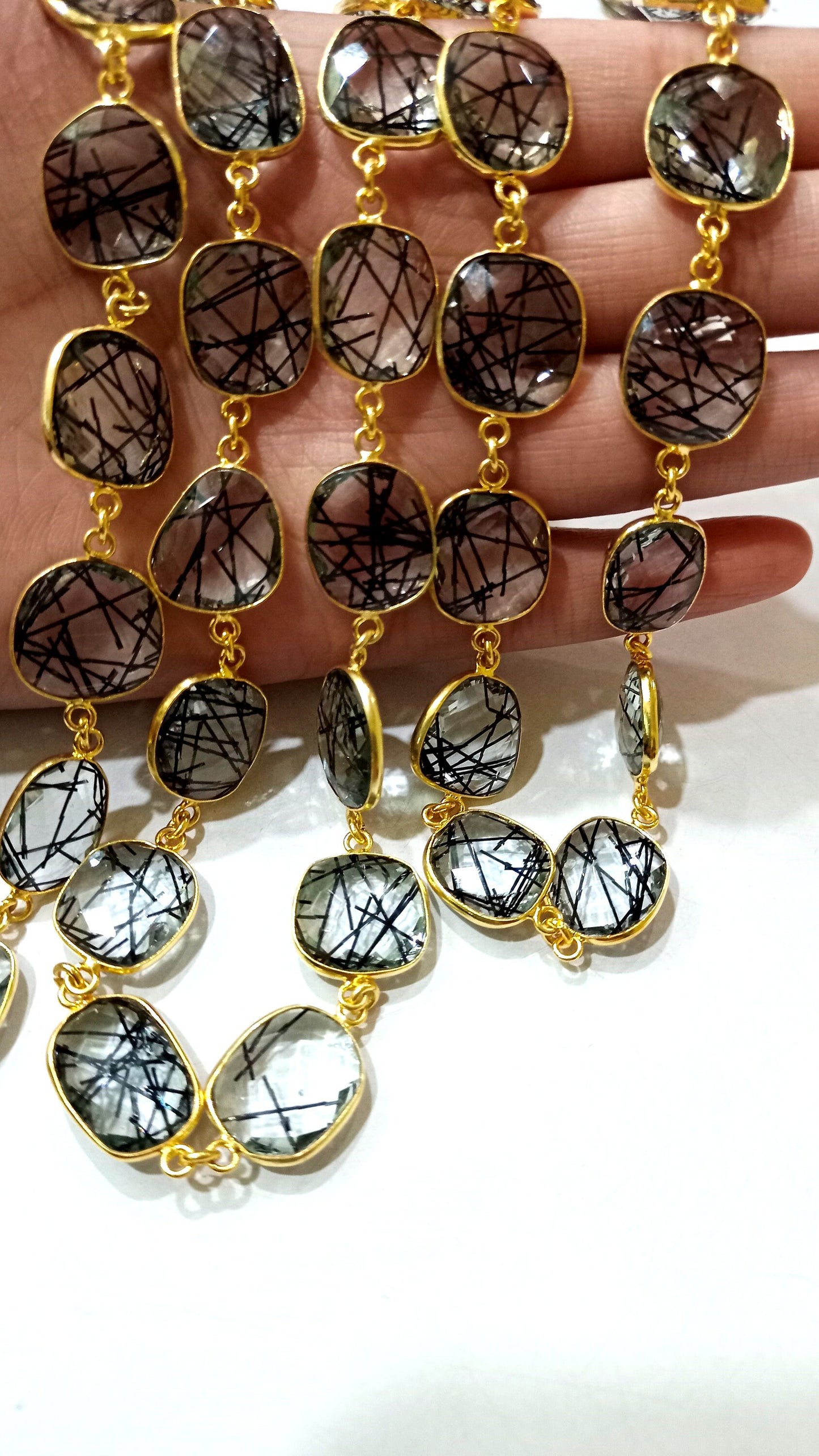 Black Rutilated Quartz Briolette Free Shape 12 to 15mm Bezel Connector Chain Sold Per Foot Best Quality Chain