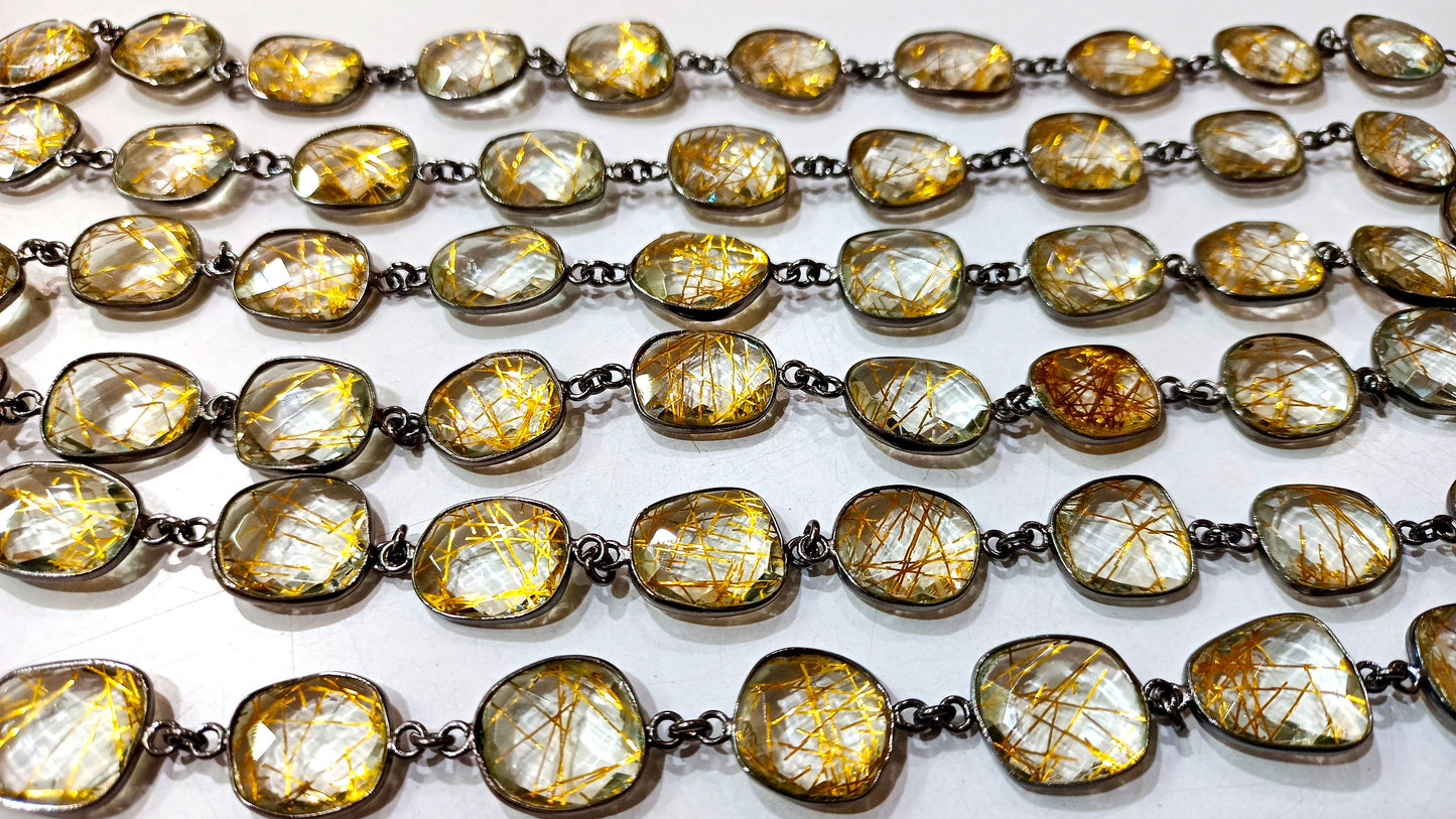 Yellow Rutilated Quartz Briolette Free Shape 12 to 15mm Bezel Connector Chain Sold Per Foot Best Quality Chain