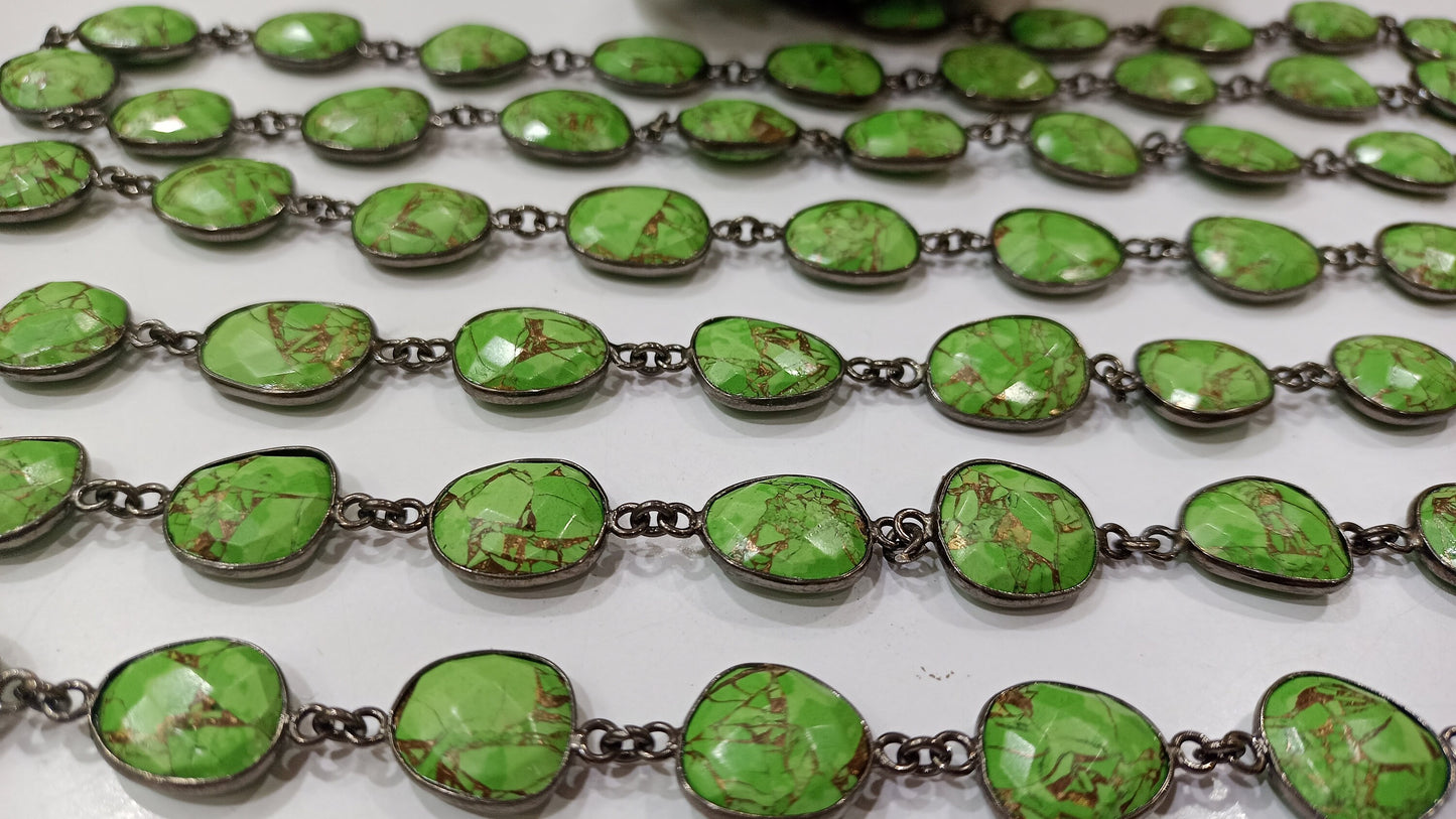 Natural Green Copper Turquoise Gemstone Briolette Free Shape 12 to 15mm Bezel Connector Chain Sold per Foot Great Quality Chain