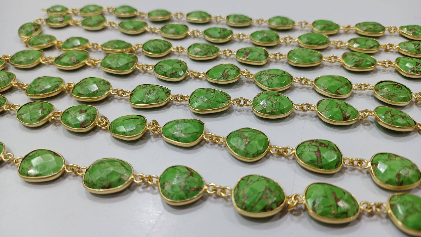Natural Green Copper Turquoise Gemstone Briolette Free Shape 12 to 15mm Bezel Connector Chain Sold per Foot Great Quality Chain