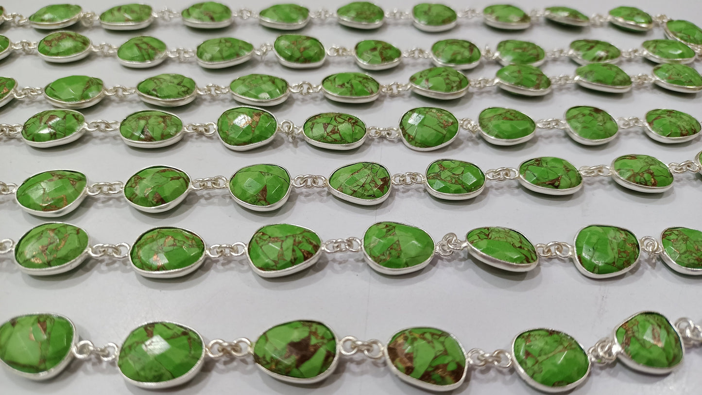 Natural Green Copper Turquoise Gemstone Briolette Free Shape 12 to 15mm Bezel Connector Chain Sold per Foot Great Quality Chain