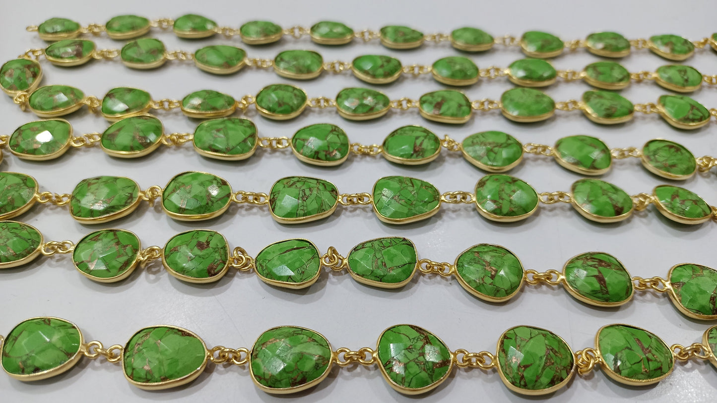 Natural Green Copper Turquoise Gemstone Briolette Free Shape 12 to 15mm Bezel Connector Chain Sold per Foot Great Quality Chain