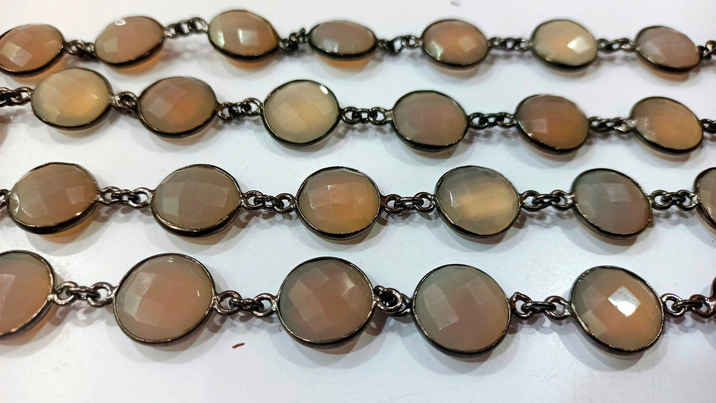 Natural Grey Moonstone Coin Shape Briolette 13mm Bezel Connector Chain Sold Per Foot Great Quality Black Plated chain