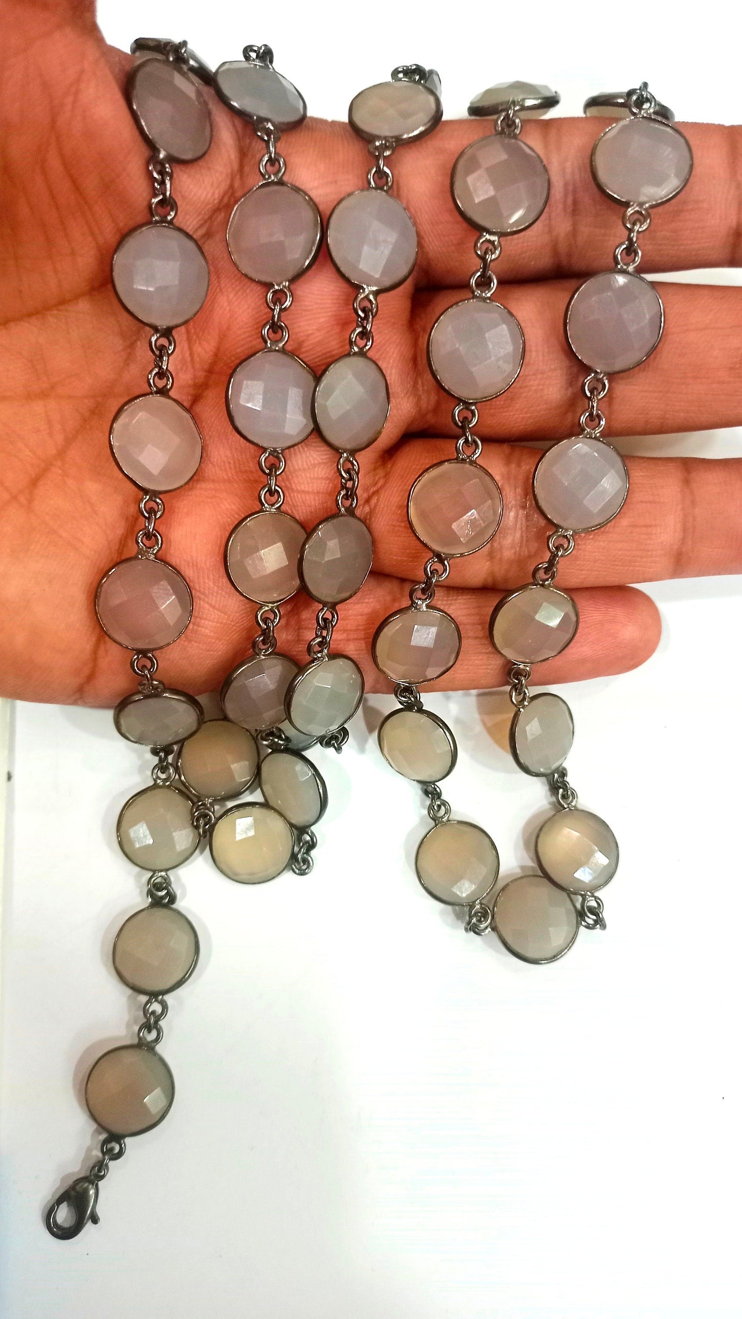 Natural Grey Moonstone Coin Shape Briolette 13mm Bezel Connector Chain Sold Per Foot Great Quality Black Plated chain