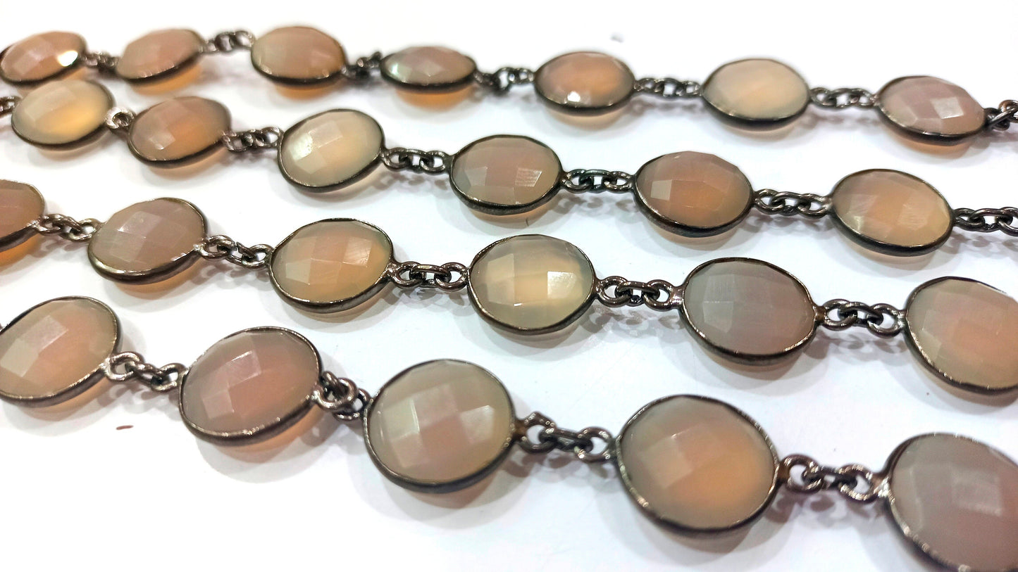 Natural Grey Moonstone Coin Shape Briolette 13mm Bezel Connector Chain Sold Per Foot Great Quality Black Plated chain