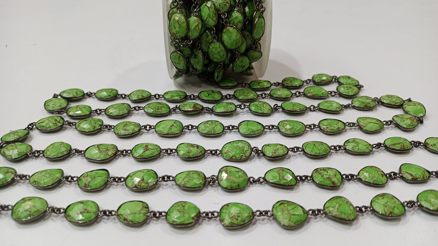 Natural Green Copper Turquoise Gemstone Briolette Free Shape 12 to 15mm Bezel Connector Chain Sold per Foot Great Quality Chain