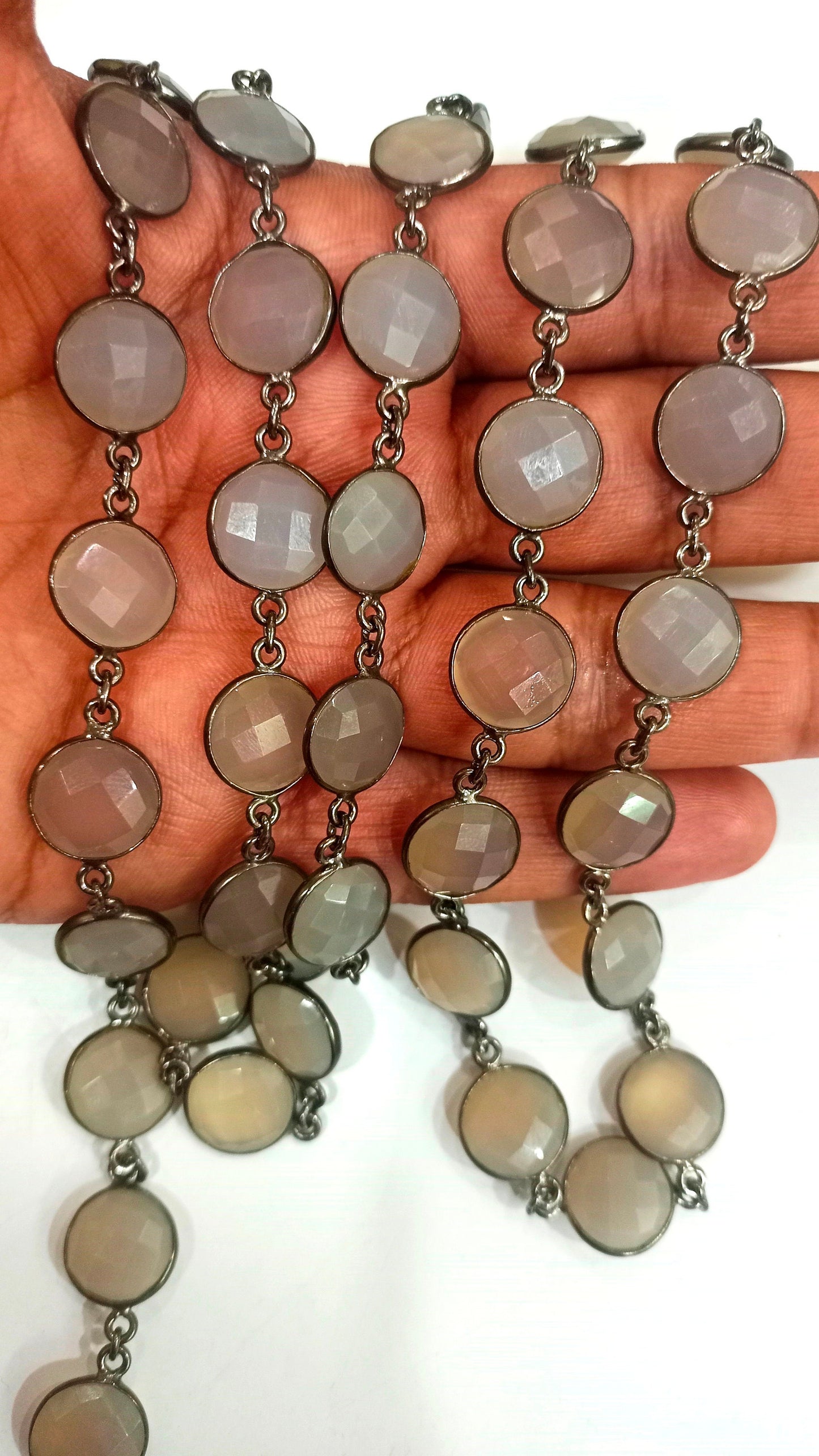 Natural Grey Moonstone Coin Shape Briolette 13mm Bezel Connector Chain Sold Per Foot Great Quality Black Plated chain