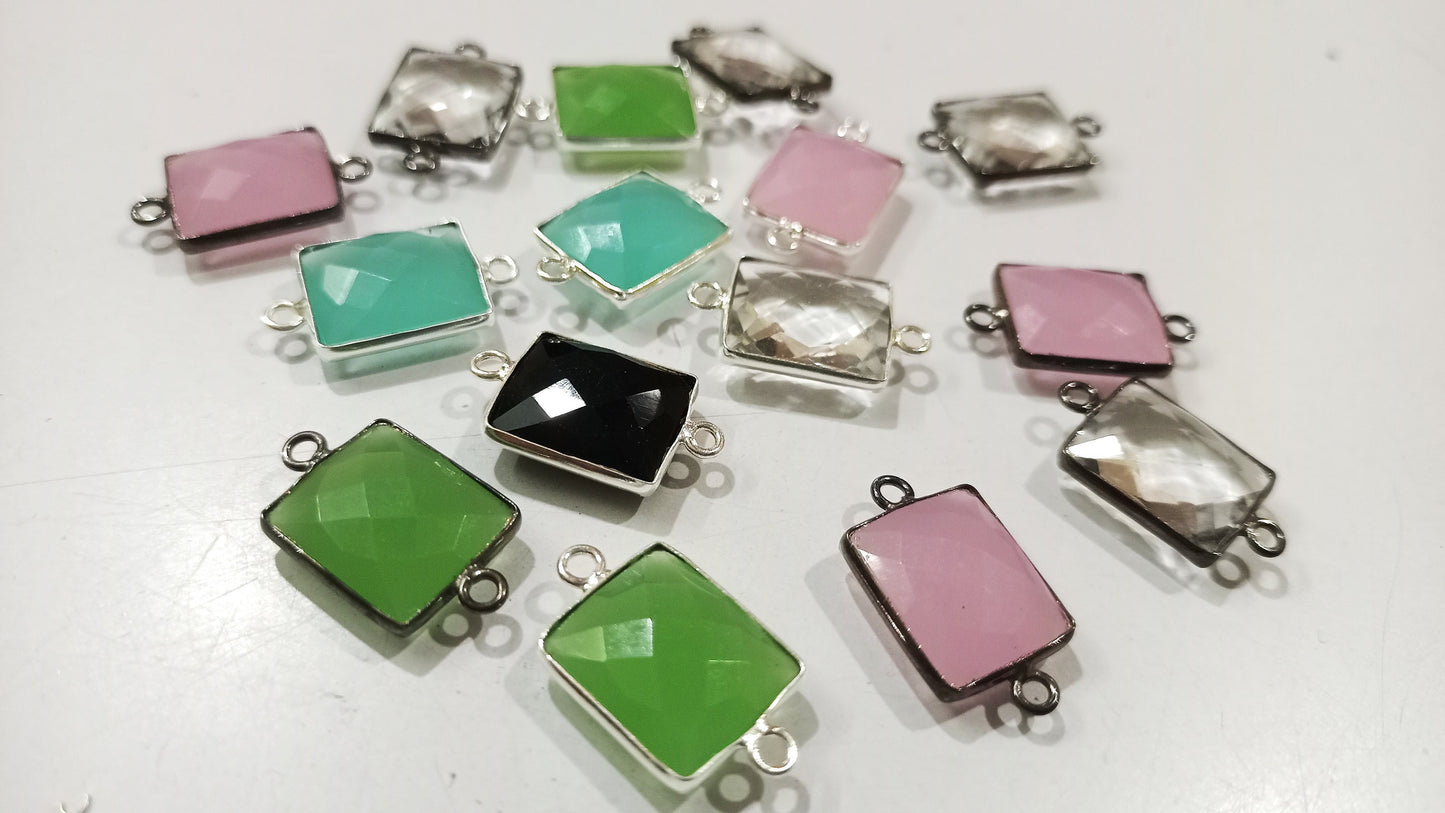 Natural Multi Gemstone Rectangle Shape 12x14mm Double Loop Bezel Connector Charms For Jewelry Making You can Choose Stone and Plating