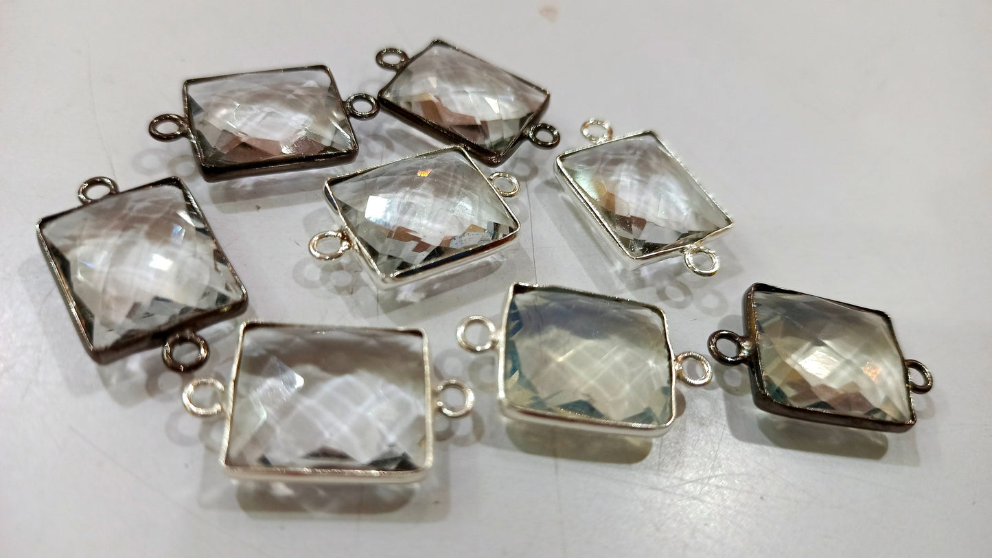 Natural Multi Gemstone Rectangle Shape 12x14mm Double Loop Bezel Connector Charms For Jewelry Making You can Choose Stone and Plating