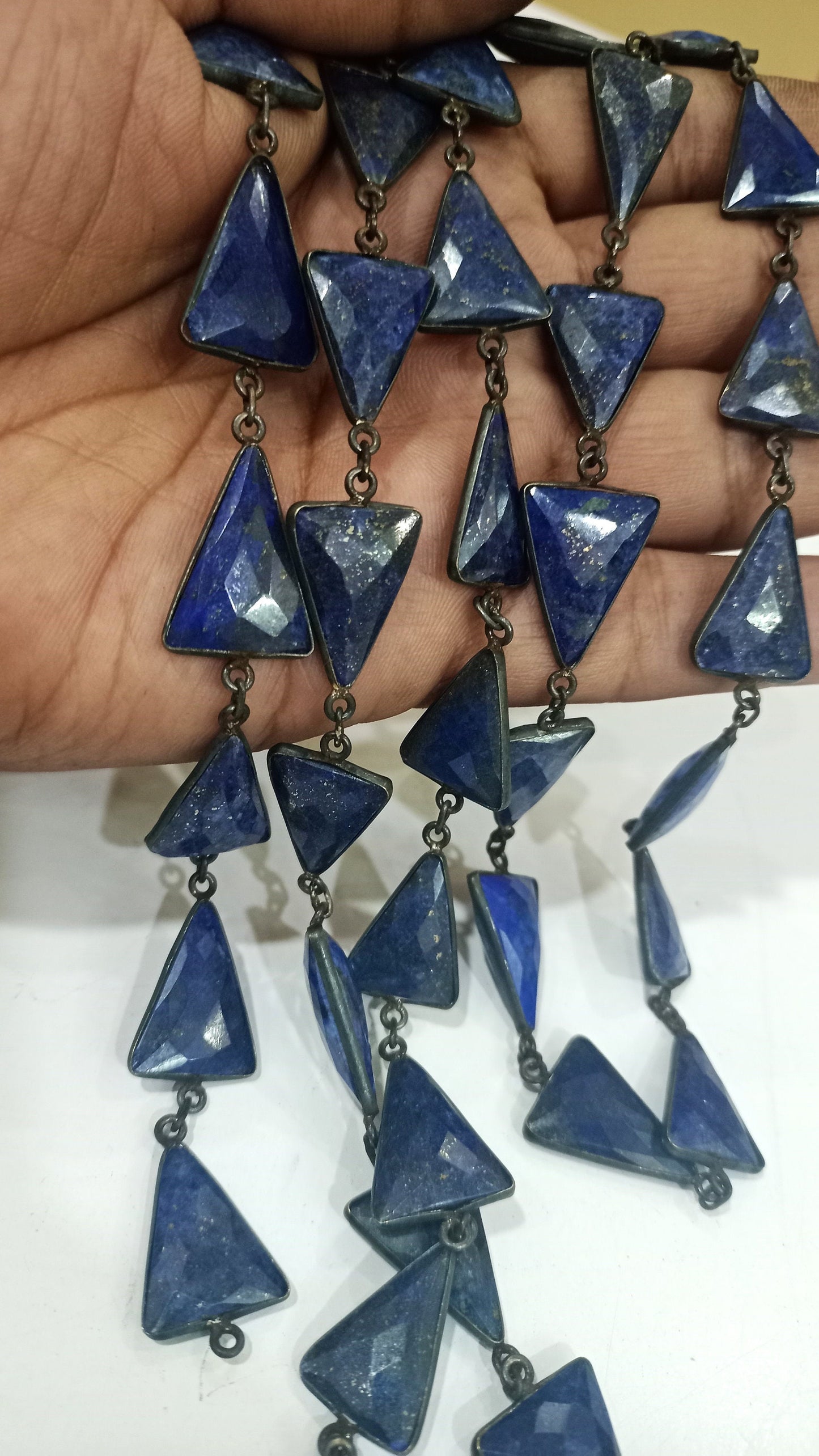 Natural Lapis Lazuli Trillian Cut Briolette 15x20mm Bezel Connector Chain Sold per foot Black Oxidized Great Quality Chain