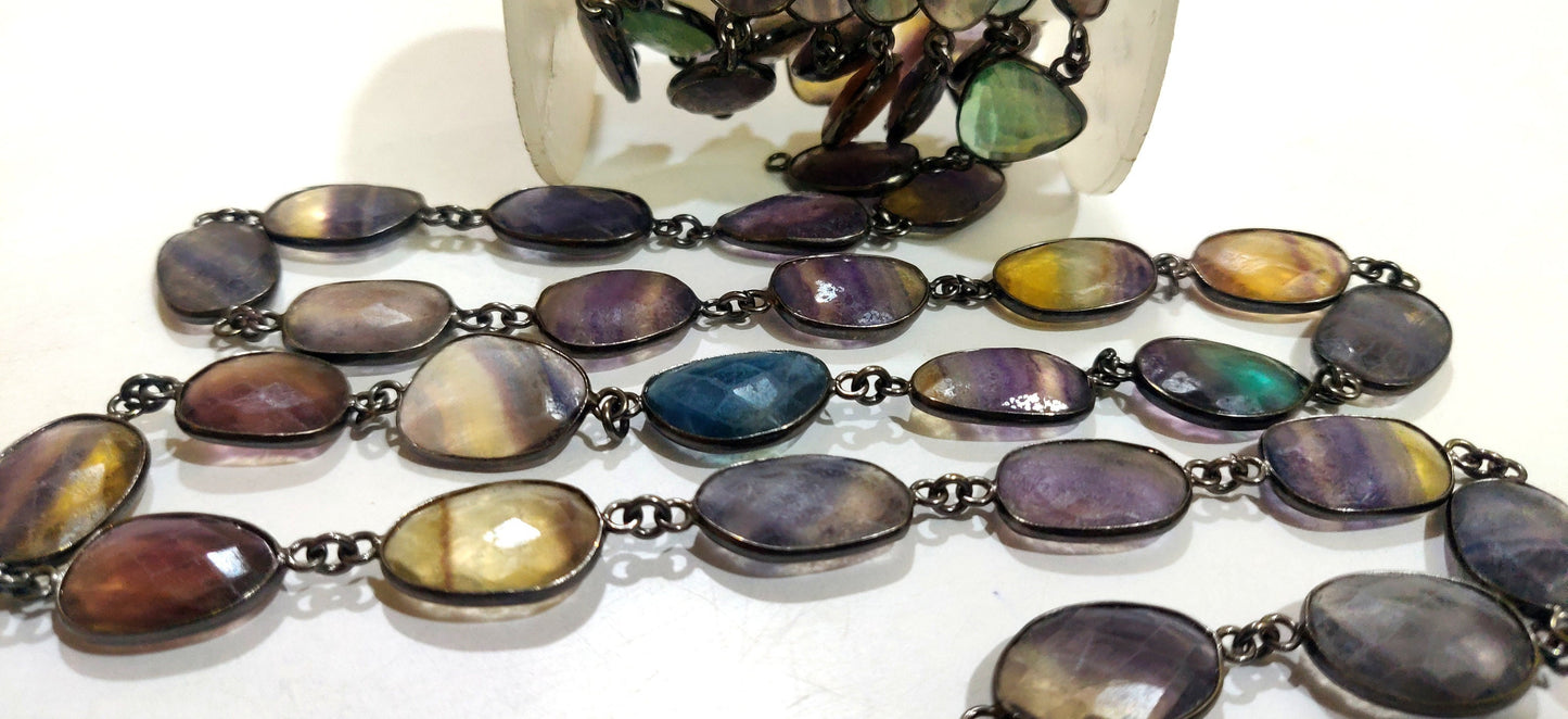 Natural Fluorite Gemstone Briolette Free Shape 10 to 15mm bezel Connector Chain Sold Per Foot Multi Fluorite Gemstone Chain