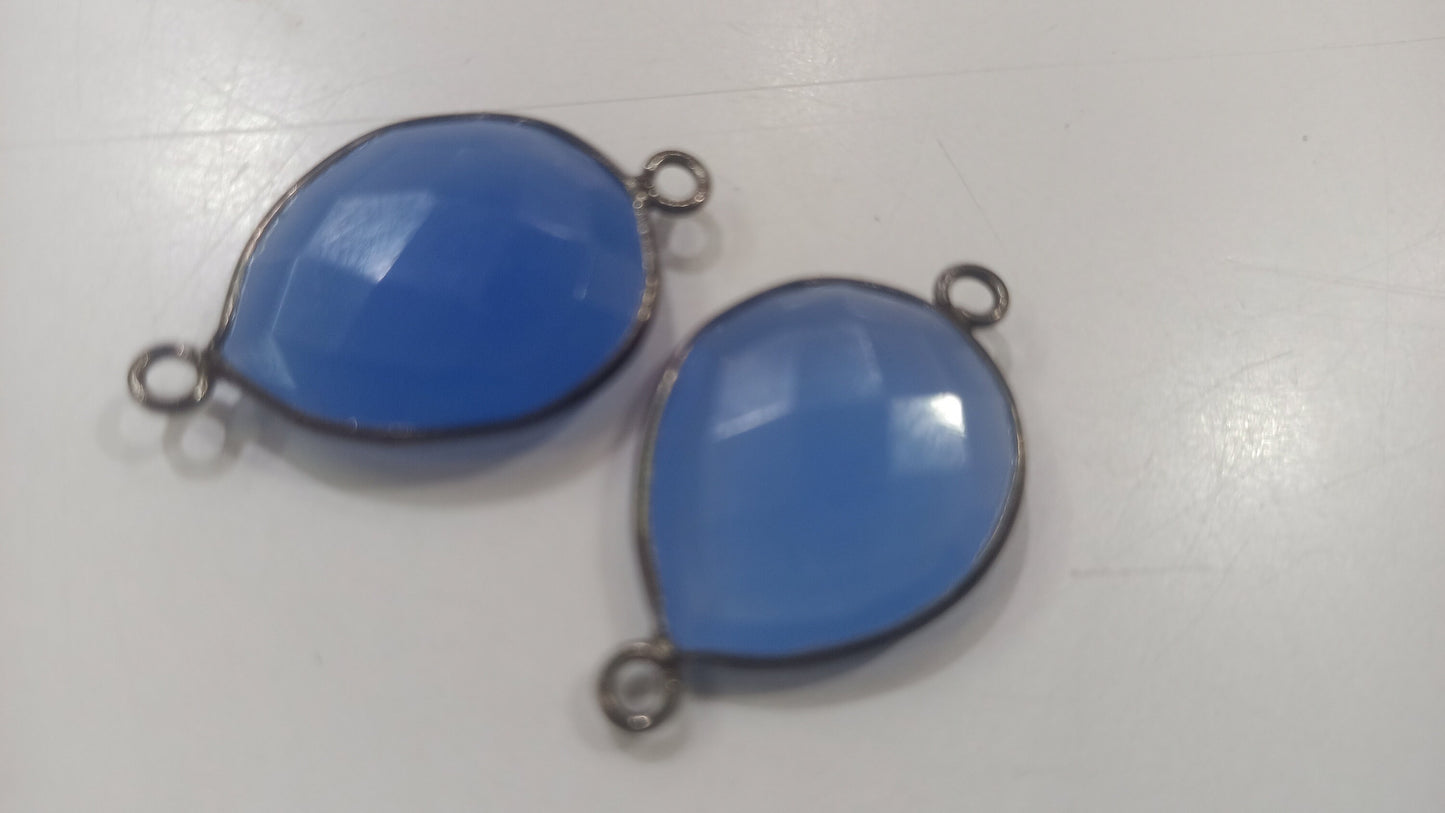 Blue Chalcedony Hydro Quartz Briolette Pear Shape Bezel Connector 15x18mm Size Double Loop Charms