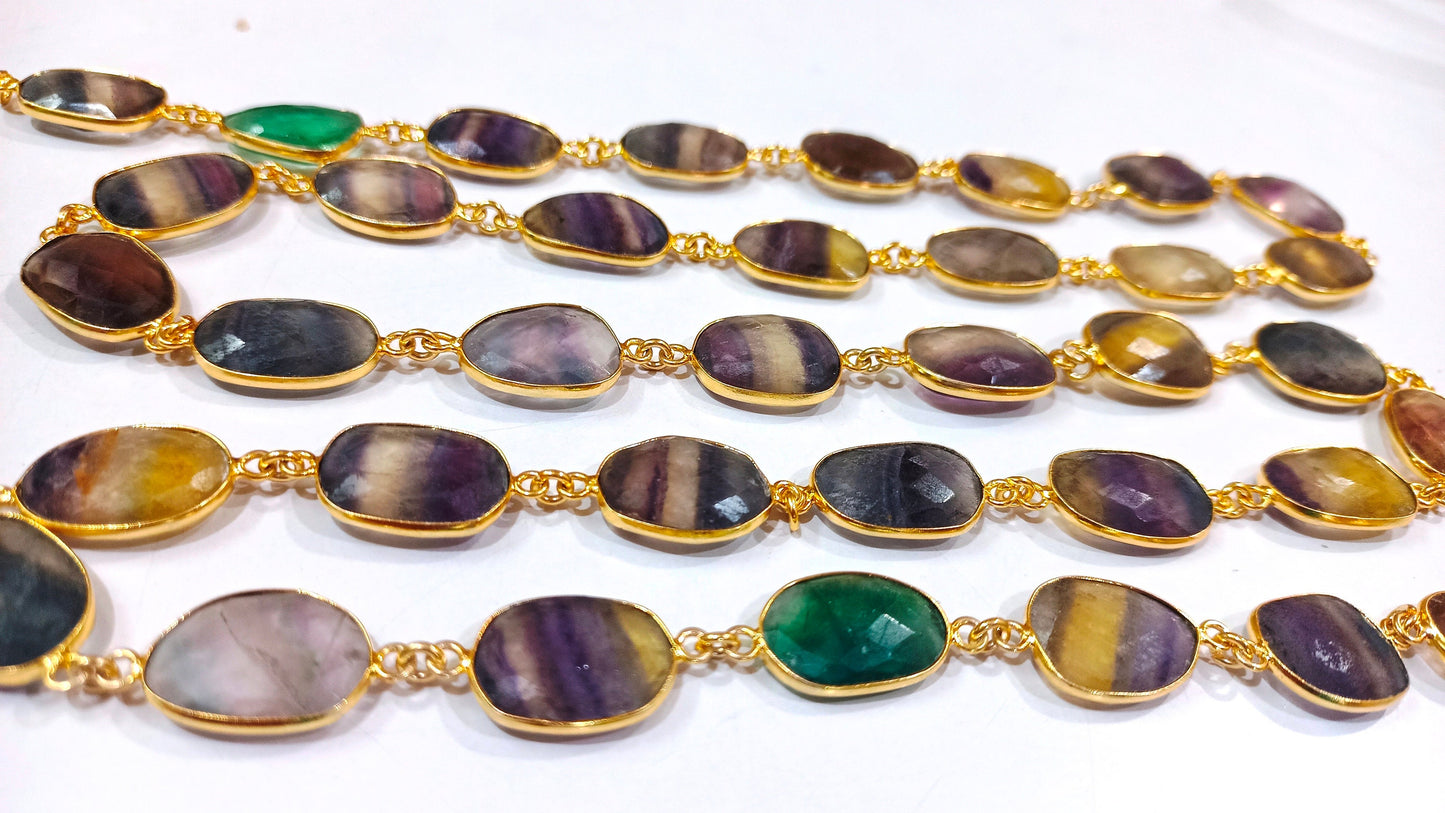 Natural Fluorite Gemstone Briolette Free Shape 10 to 15mm bezel Connector Chain Sold Per Foot Multi Fluorite Gemstone Chain