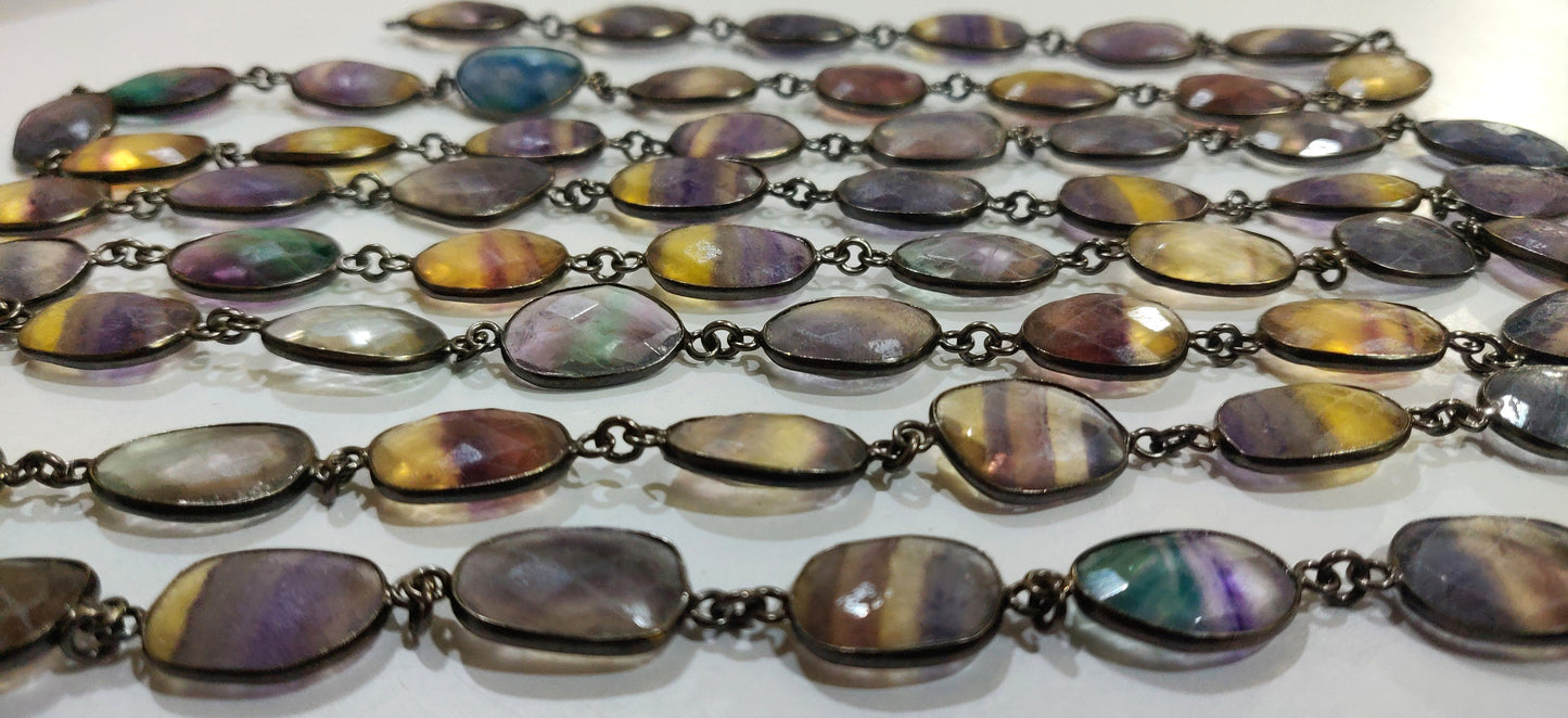 Natural Fluorite Gemstone Briolette Free Shape 10 to 15mm bezel Connector Chain Sold Per Foot Multi Fluorite Gemstone Chain