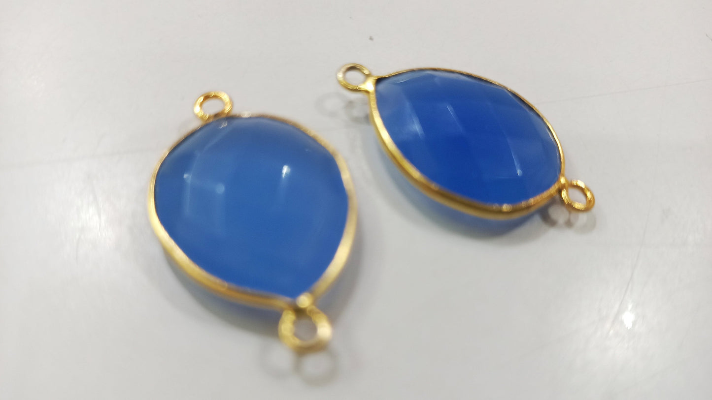 Blue Chalcedony Hydro Quartz Briolette Pear Shape Bezel Connector 15x18mm Size Double Loop Charms