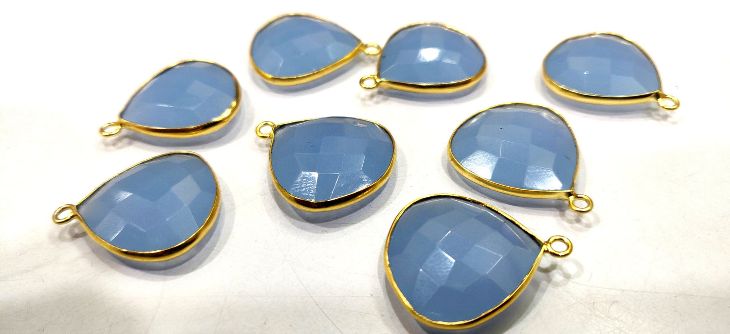 Natural Blue Chalcedony Heart Shape 20mm Briolette Single Loop Gemstone Bezel Connector Charms sold per piece