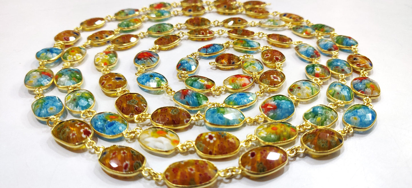 Natural Crystal Quartz Flower Design Multi Color Free Shape 12to15mm Briolette Connector Bezel Chain Sold Per Foot High Quality Chain