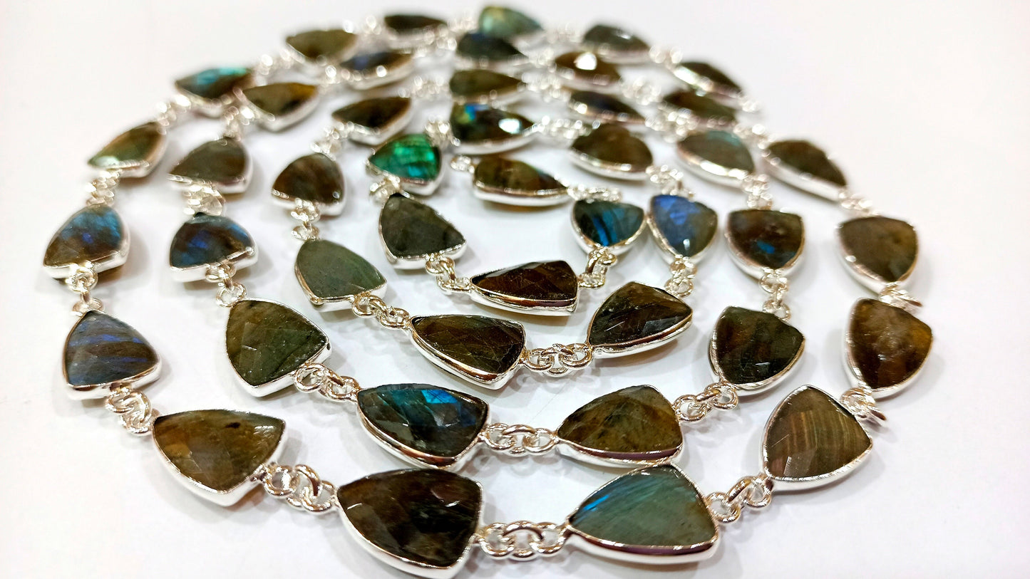 Natural Labradorite Trillion Shape Briolette Faceted Bezel Connector Chain 10x13mm Gold Plated Sold Per Foot High Quality Wholesale Prices