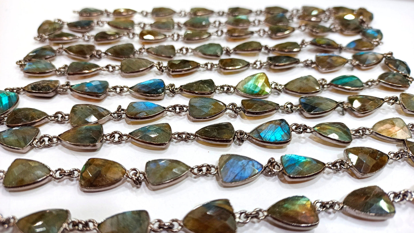 Natural Labradorite Trillion Shape Briolette Faceted Bezel Connector Chain 10x13mm Gold Plated Sold Per Foot High Quality Wholesale Prices