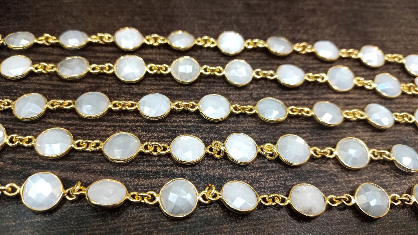 Natural White Moonstone AB Coated Coin Shape Briolette 12mm Bezel Connector Chain Sold Per Foot