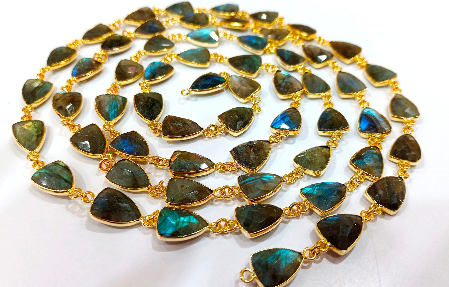 Natural Labradorite Trillion Shape Briolette Faceted Bezel Connector Chain 10x13mm Gold Plated Sold Per Foot High Quality Wholesale Prices