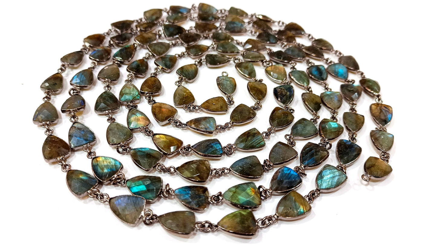 Natural Labradorite Trillion Shape Briolette Faceted Bezel Connector Chain 10x13mm Gold Plated Sold Per Foot High Quality Wholesale Prices